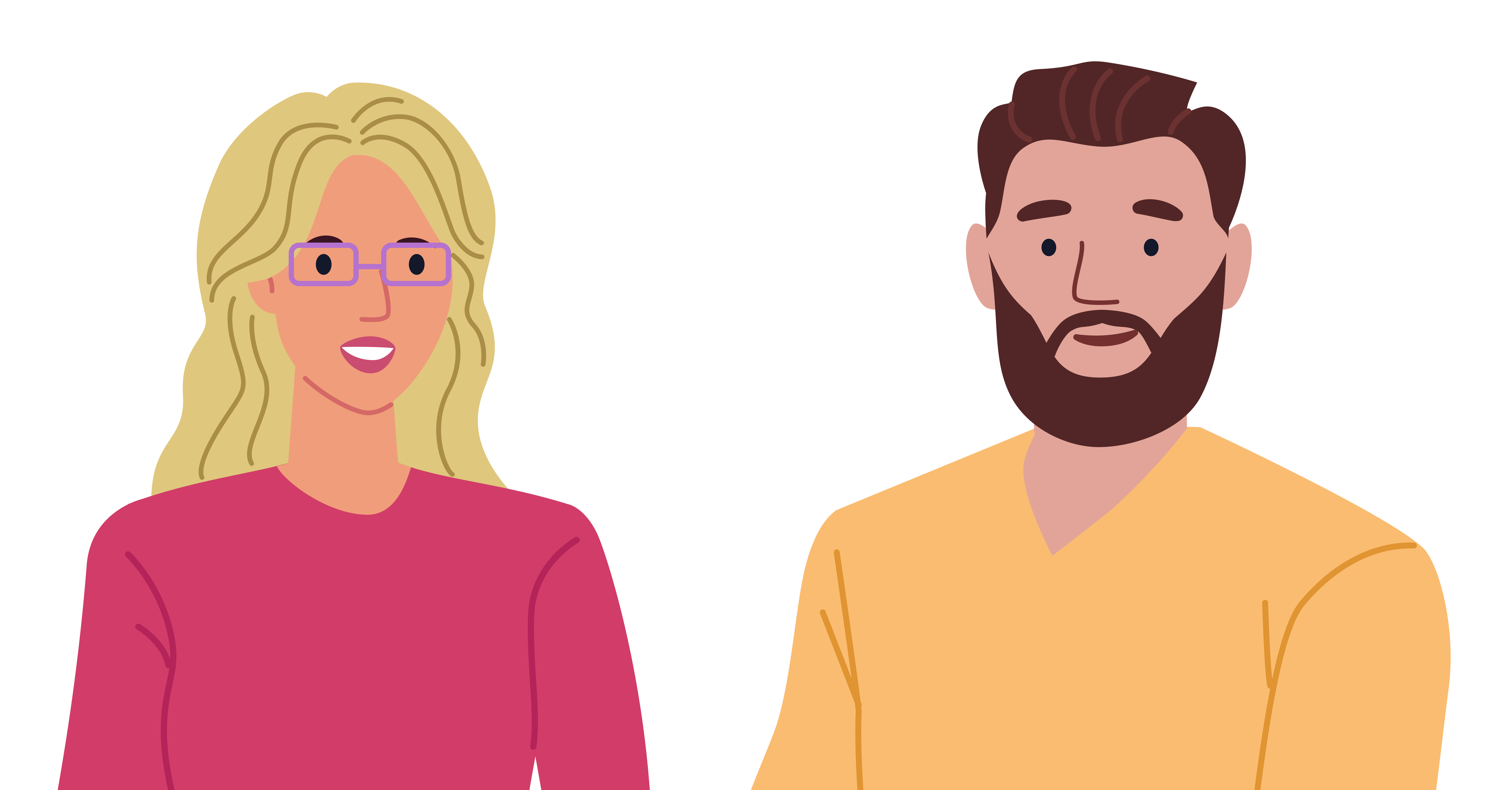 Illustration of blonde lady with glasses and dark haired man with beard